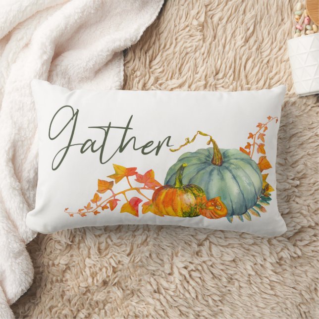 Pumpkins Watercolor Gather Family Name Fall Lumbar Cushion (Blanket)