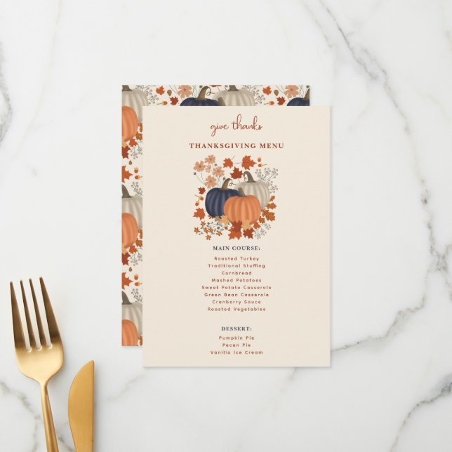 Pumpkins Wildflowers Thanksgiving Dinner Menu (Front/Back In Situ)