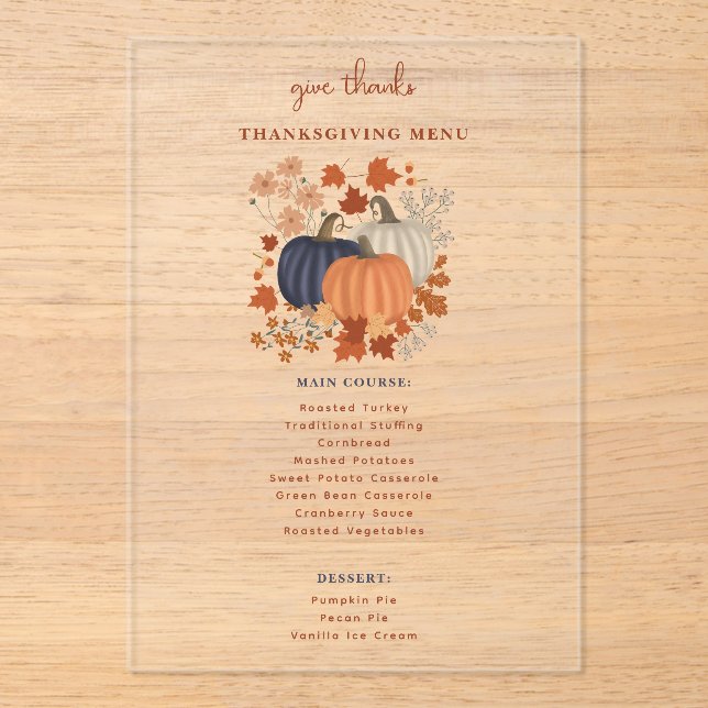 Pumpkins Wildflowers Thanksgiving Dinner Menu Acrylic Invitations (Front)