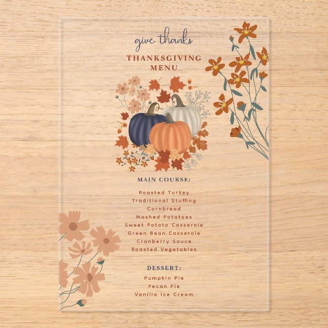 Pumpkins Wildflowers Thanksgiving Dinner Menu Acrylic Invitations (Front)