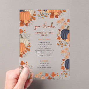 Pumpkins Wildflowers Thanksgiving Dinner Menu Acrylic Invitations