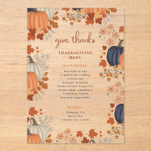 Pumpkins Wildflowers Thanksgiving Dinner Menu Acrylic Invitations