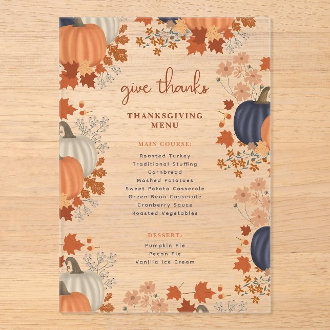 Pumpkins Wildflowers Thanksgiving Dinner Menu Acrylic Invitations (Front)
