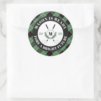 Pun Green Plaid Golf Themed Graduation Classic Round Sticker