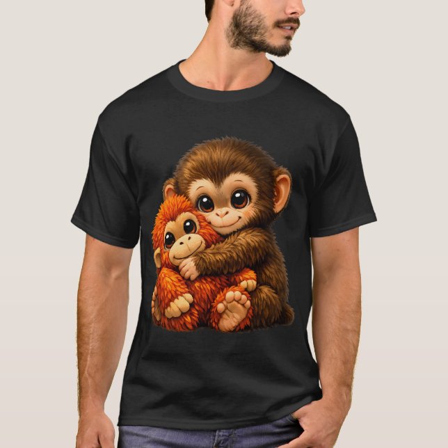 Punch Monkey Cuddling Teddy Viral Meme T-Shirt (Front)