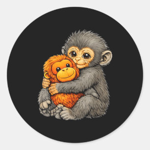Punch monkey funny cute baby animal hugging plush classic round sticker