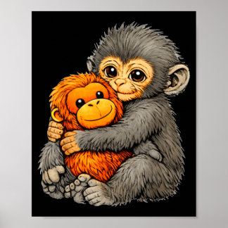 Punch monkey funny cute baby animal hugging plush  poster