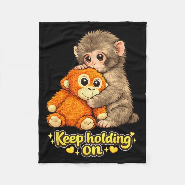 Punch monkey with teddy bear cuddling keep holding fleece blanket (Front)
