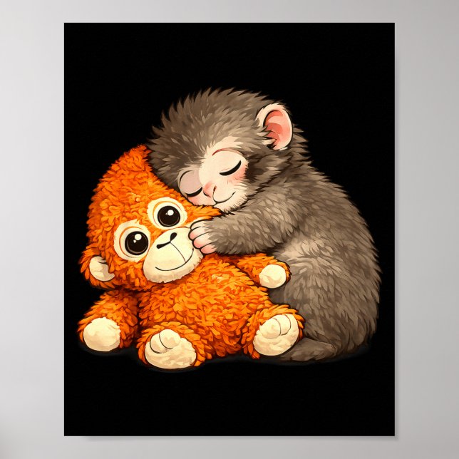 Punch the monkey cuddling stuffed animal meme poster (Front)