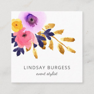 Punchy Petals Watercolor Floral Side Design Square Business Card
