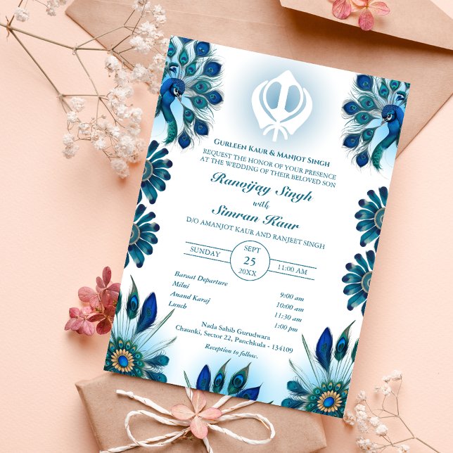 Punjabi Sikh Wedding Anand Karaj Peacock Feather Invitation (Creator Uploaded)