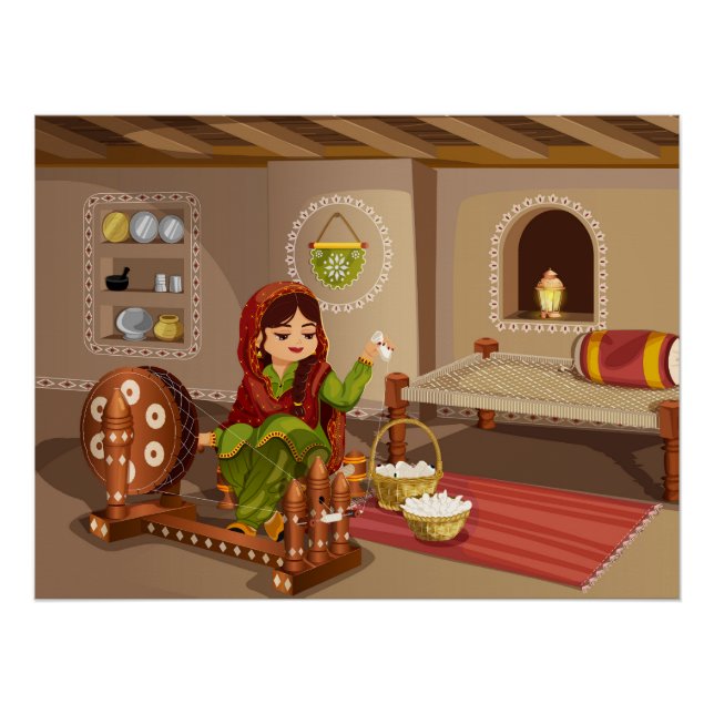 Punjabi Woman Spinnig Charkha - Rural Lifestyle Poster (Front)