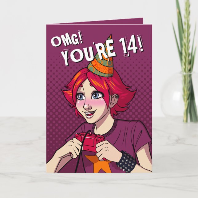 Punk Cartoon Gamer Teen Girl 14th Birthday Card (Front)