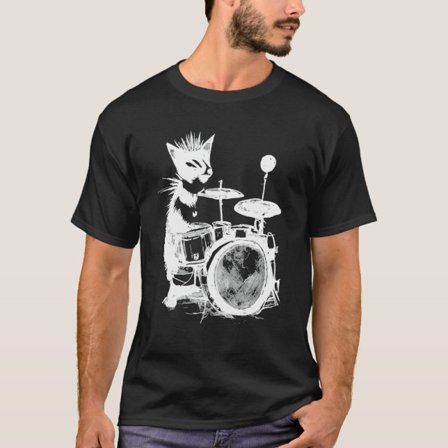 Punk Cat Playing Drums 2 T-Shirt (Front)