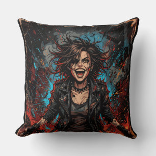 Punk Chaos Girl Explosion   Grunge Rebel Fire Artw Cushion