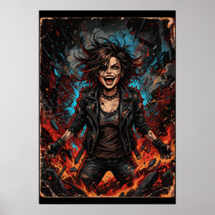 Punk Chaos Girl Explosion   Grunge Rebel Fire Artw Poster