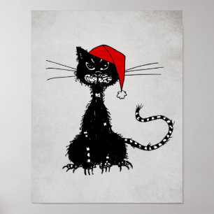 Punk Christmas: Ragged Cat with Santa Hat Goth Poster