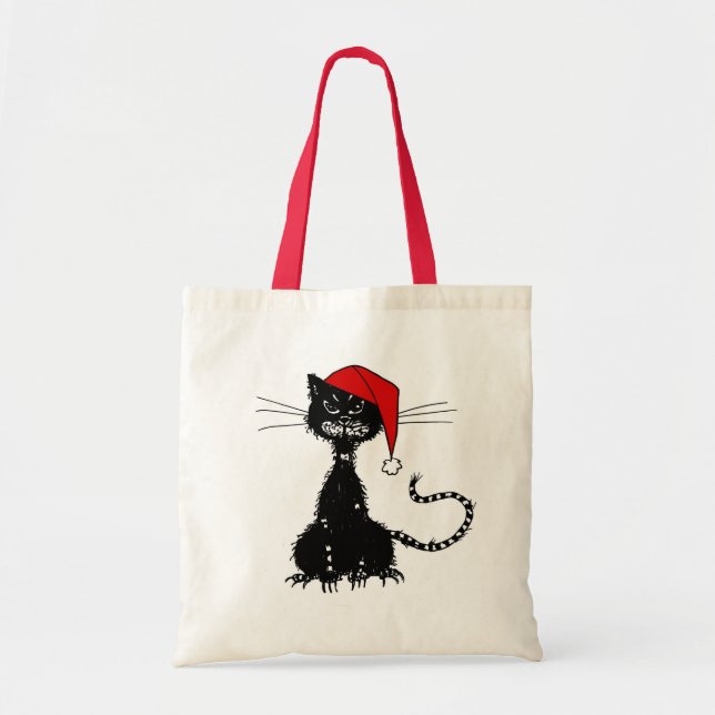 Punk Christmas: Ragged Cat with Santa Hat Tote Bag (Front)