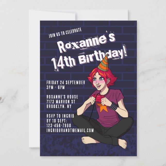 Punk Gamer Cartoon Teen Girl 14th Birthday Invitation (Front)