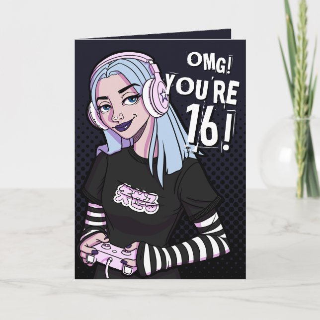 Punk Gamer Teen Girl Black 16th Birthday Card (Front)