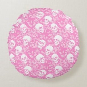 Punk girly Gothic pink skulls & foliage Halloween Round Cushion