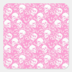 Punk girly Gothic pink skulls & foliage Halloween Square Sticker
