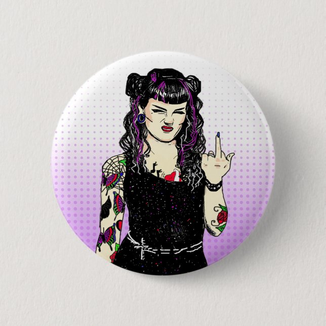 Punk Gothic Girl Flipping the Bird Hand Drawn 6 Cm Round Badge (Front)
