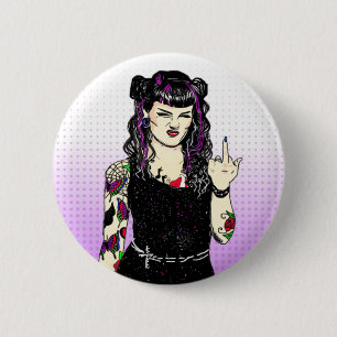 Punk Gothic Girl Flipping the Bird Hand Drawn 6 Cm Round Badge