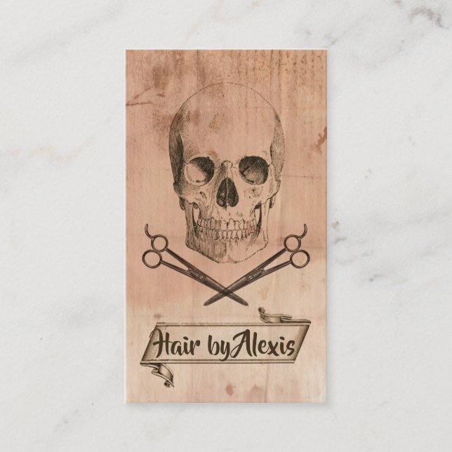 punk grunge skull hairstylist brown hair stylist business card (Front)
