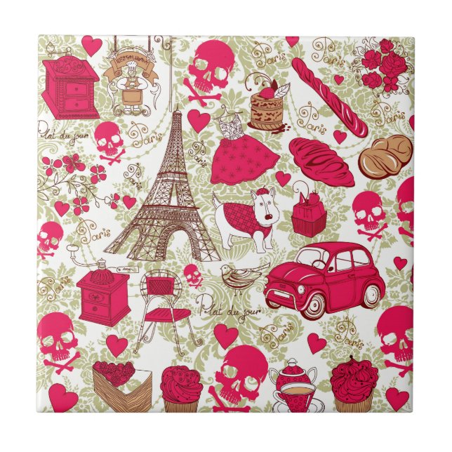 Punk In Paris Quirky French Icons pattern Tile (Front)