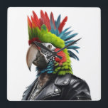 Punk Parrot Square Wall Clock<br><div class="desc">Funny Punk Rocker Parrot with mohican hairstyle wearing a leather jacket.</div>