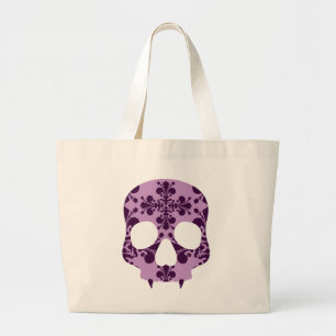 Punk purple damask fanged skull large tote bag