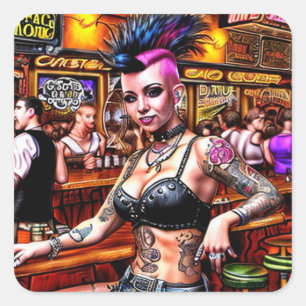 Punk Rock Bar Girl with Mohawk and Tattoos  Square Sticker