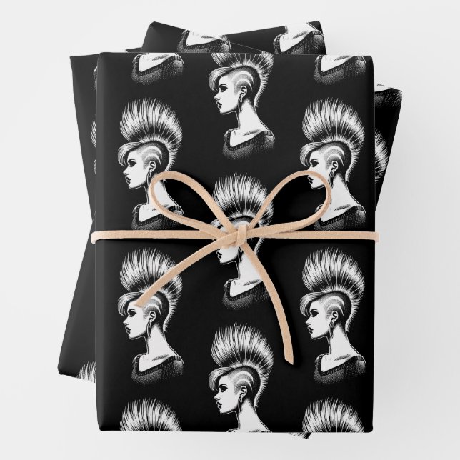 Punk Rock Girl with Mohawk Hairstyle Fashion Wrapping Paper Sheet (In situ)