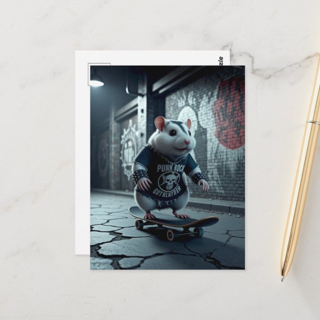 Punk Rock Goth Skateboarding Hamster Postcard (Front/Back In Situ)
