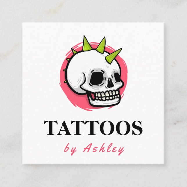 Punk Rock Gothic Skull Tattoo Artist Salon Studio Square Business Card (Front)