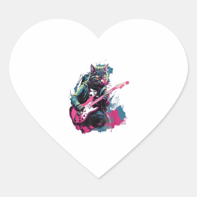 Punk Rock Guitar Calico Cat Guitarist  Heart Sticker (Front)