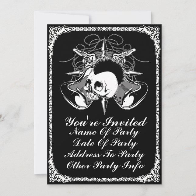 Punk Rock Mohawk Skull Roses Guitars Spikes Invitation (Front)