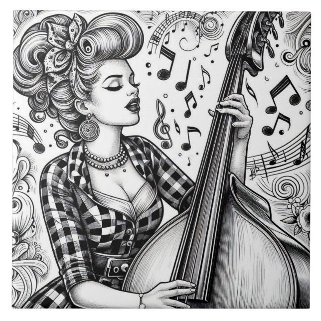 Punk Rock Rockabilly Retro Glam Black & White Tile (Front)