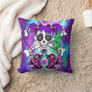 Punk Rock Roller Girl Teen Purple Throw Pillow