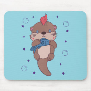 Punk Rock Sea Otter with Fish Funny Animal Art Mouse Mat