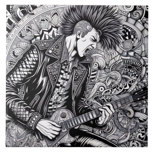 Punk Rock Singer Retro Glam Unique Black and White Tile (Front)