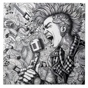 Punk Rock Singer Retro Glam Unique Black and White Tile