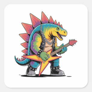 Punk Rock Stegosaurus Dinosaur Playing Guitar Square Sticker