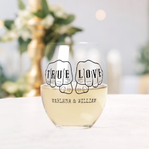 Punk Rock Tattoo Hands True Love Personalised Stemless Wine Glass