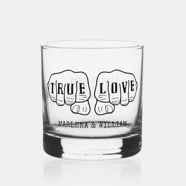 Punk Rock Tattoo Hands True Love Personalised Whiskey Glass (Front)