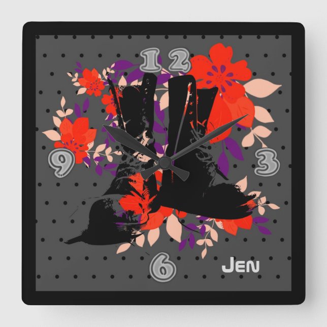 Punk Rocker Boots Personalised Square Wall Clock (Front)