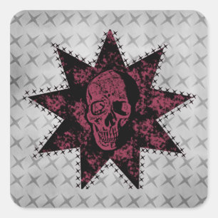 Punk Skull Square Stickers, Black and Dark Pink Sticker