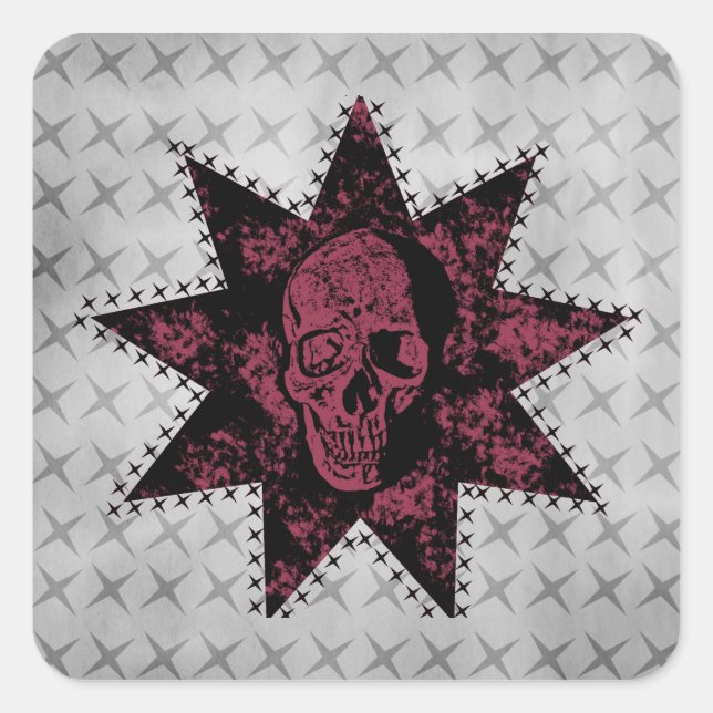 Punk Skull Square Stickers, Black and Dark Pink Sticker (Front)