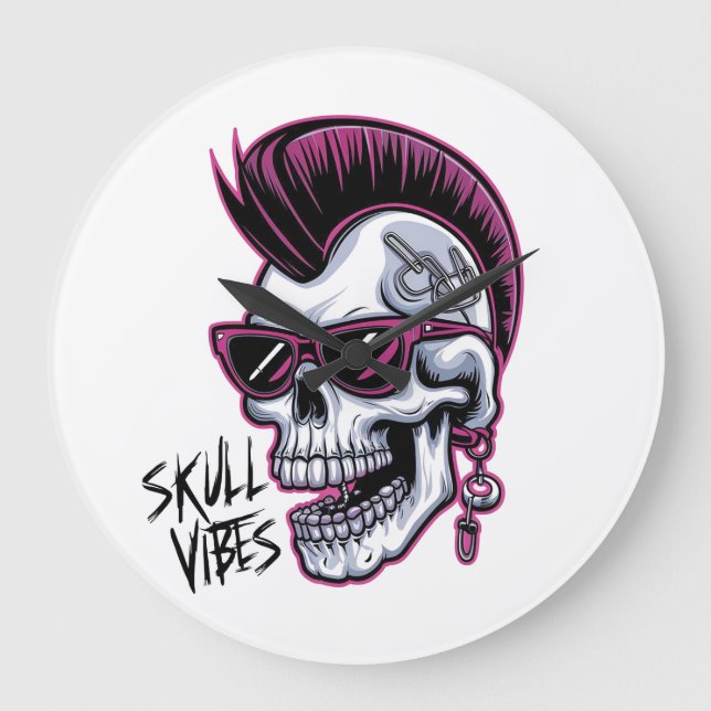 Punk Skull Vibes. Cool Skull with Sunglasses Desi Large Clock (Front)